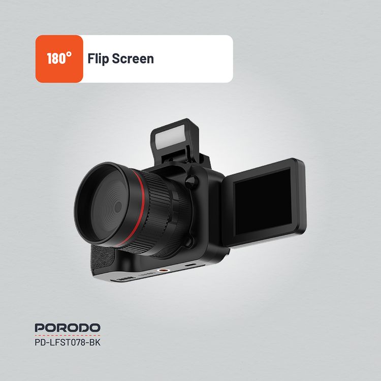Porodo Lifestyle Mini Digital Camera with 64GB Memory Card, 650mAh Battery Capacity, 180° Flip Screen, 3 Hours Working Time, 2.2" Screen, 16× Zoom, 4K Video, 2.5 Hours Charging Time - Balck 
