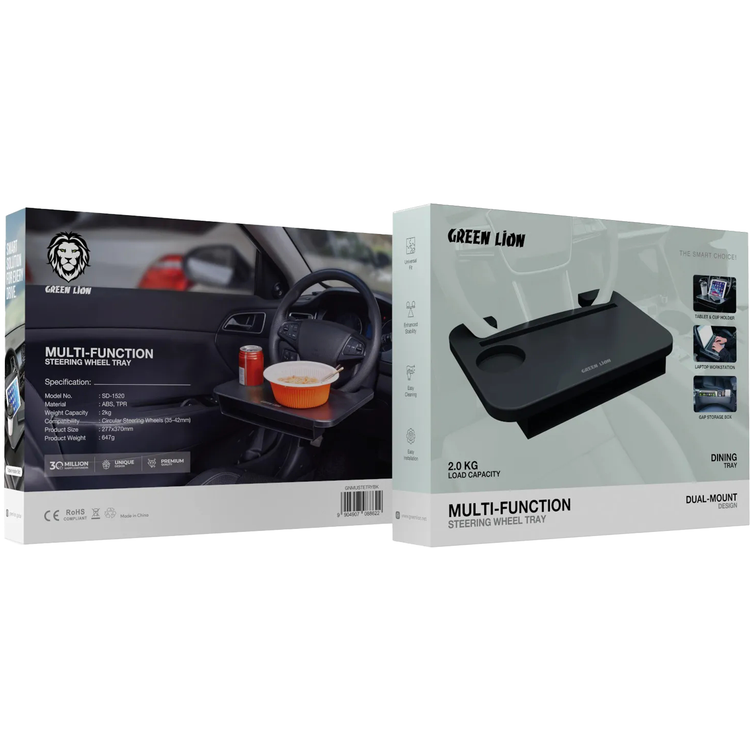 Green Lion Multi-Functional Steering Wheel Tray, 2kg Weight Capacity, Compatible with Circular Steering Wheels (35-42mm), Dual-Mount Design, Gap Storage Box, Easy Cleaning & Installation, Stable Dining Tray, Laptop Workstation, Tablet Slot & Cup Holder – Black