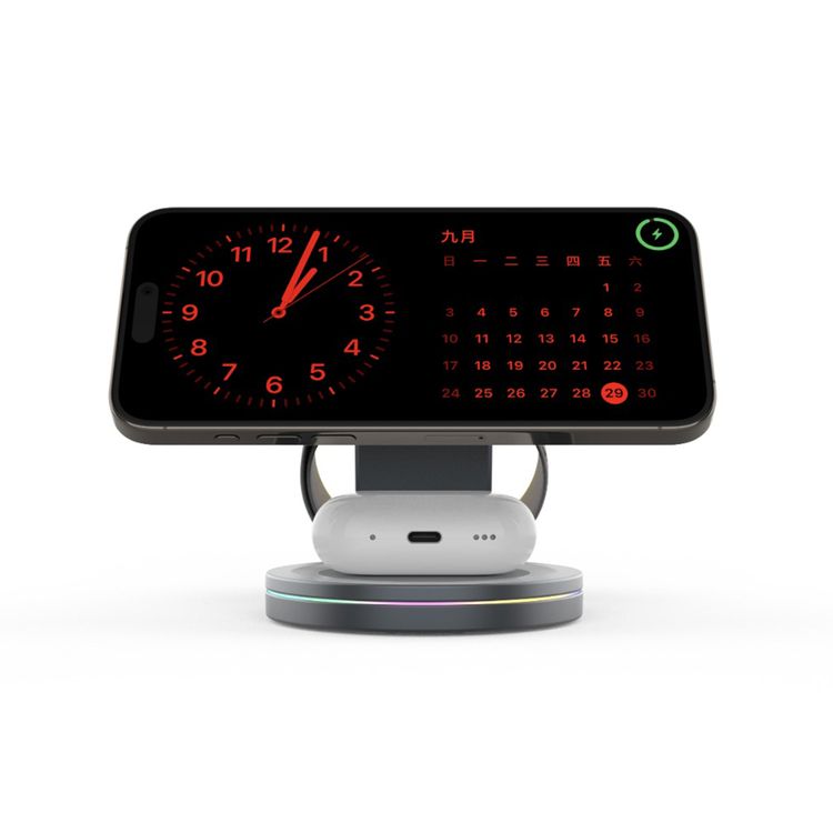 Porodo Rotating Base Three-Device Wireless Charger with 15W Wireless Output, Folding Design, Fast Charging, Type-C Input Interface, Lightweight & Portable - Gray