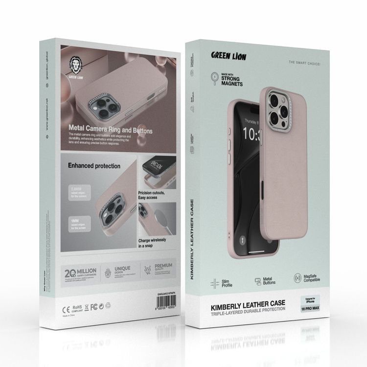 جراب جلدي Green Lion Kimberly لهاتف iPhone 16 Pro Max، أزرار معدنية، فتحات دقيقة، حماية للكاميرا، متوافق مع MagSafe - وردي 