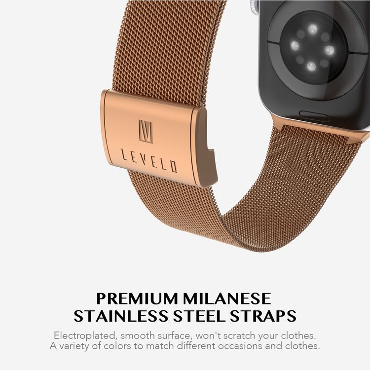 Levelo Double Milanese Watch Strap for Apple Watch 42/44/45mm, Stainless Steel Material, Double-lock Folding Buckle, Adjustable Strap, Easy Installation - Rose Gold