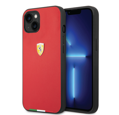 Ferrari HC PU Case with Italian Flag Line iPhone 14 Compatibility - Red