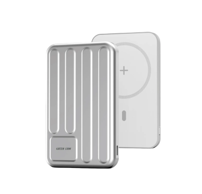 بنك طاقة جرين ليون أكسفورد MagSafe بسعة 5000mAh بتصميم فائق النحافة وصغير الحجم، شحن لاسلكي 15W، SCP 22.5W، معتمد للطيران، شحن سريع PD 20W، مصنوع من مواد ABS + PC - باللون الفضي
