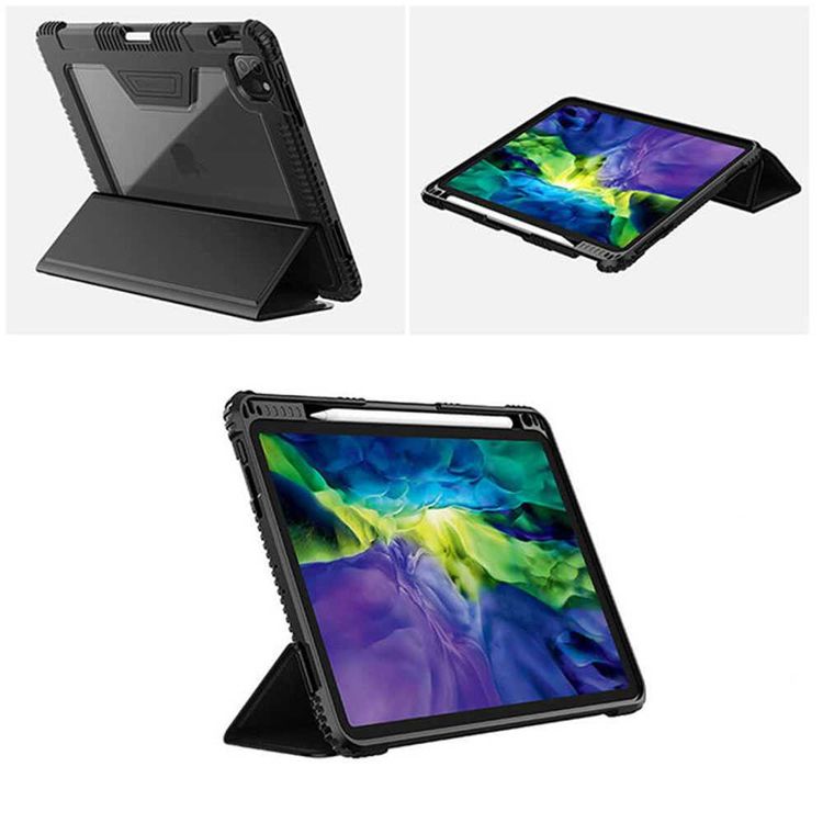 Viva Madrid Rogue Drop-Proof TPU Case with Apple Pencil Holder, Foldable Stand, Anti-Scratch, Shock-Absorption Protection Cover Compatible for iPad 10.8" 2020 - Carbon Black