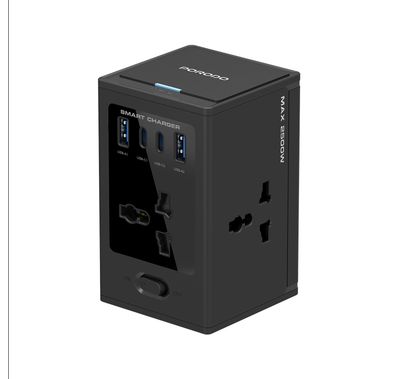 Porodo Universal GaN Multi-Port Cube Adapter with 2500W Rated Power, 100-250V Input Voltage, Four AC Sockets, Dual USB-C, Dual USB-A, Simultaneous Charging - Black