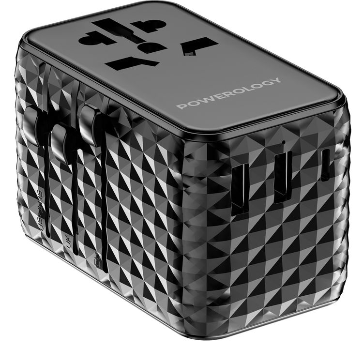 Powerology GaN 20W PD Universal Adapter with Retractable Type-C Cable, Simultaneous Charging, Includes Spare Fuse, Built-In Safeguard - Black