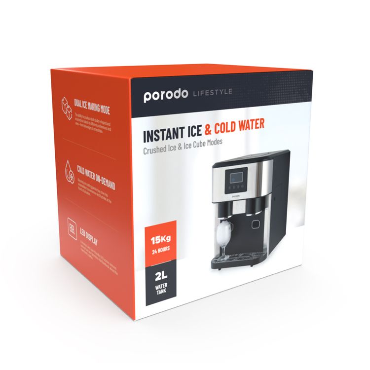 Porodo Lifestyle 3-in-1 Ice Maker, Ice Crusher & Cold Water Dispenser with 2L Water Tank Capacity, Dual Ice Making Mode, LED Display, Up to 18kg of Ice per Day - Black