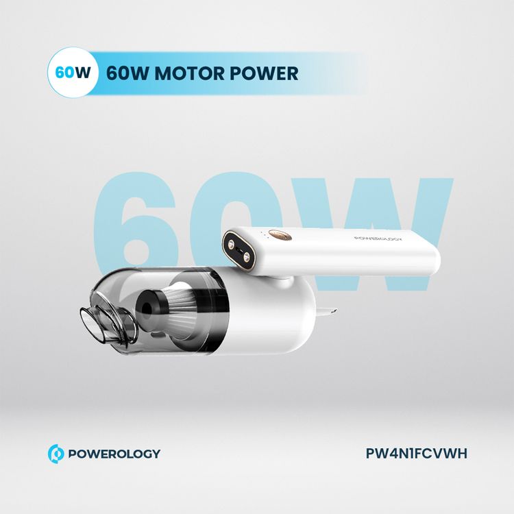 Powerology 4 in 1 180° Foldable Car Vacuum Cleaner with Type-C Charging Port, LED Indicator and 4 Nozzles - White