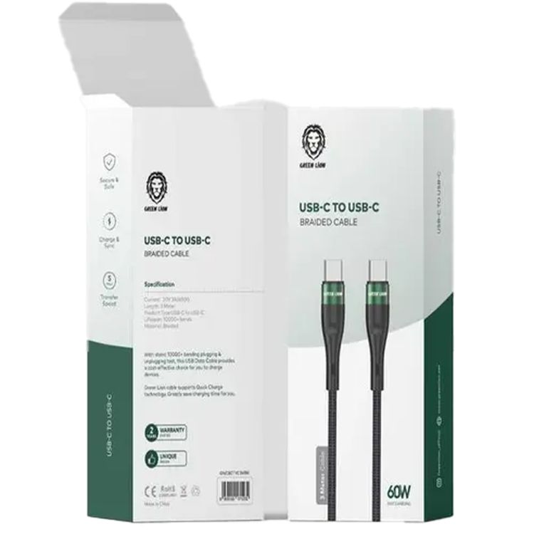 Green Lion USB-C to Type-C Charging Cable, PD 60W, 5Gbps Transfer Speed, Secure & Safe, 3M Cable Length - Black