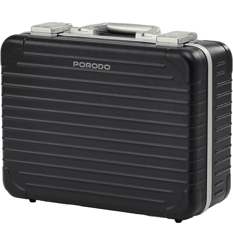 Porodo Travel Makeup Case with Detachable LED Mirror, 3000mA Battery, 144 LED Beads, 2800-6500K Color Temperature, 3 Light Modes, USB-C Charging Interface, Multiple Compartments - Black