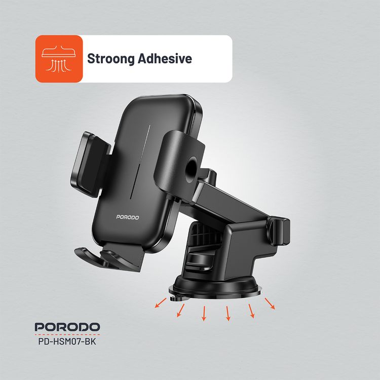 Porodo Dash & Windshield Mount with Adjustable Viewing Angle, Strong Adhesive, 60-90mm Grip Width, ABS & Silicone Material, Secure Grip - Black