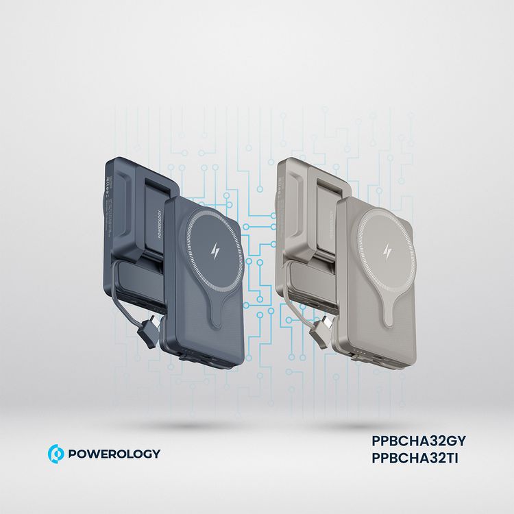 Powerology Car Mount 5000mAh Power Bank with Magnetic Wireless Charger, MagSafe Charging, PD 20W Fast Charge, Folding Air-Vent Clip, LED Indicator, Built-In Type-C Cable, Lightweight & Portable - Gray 