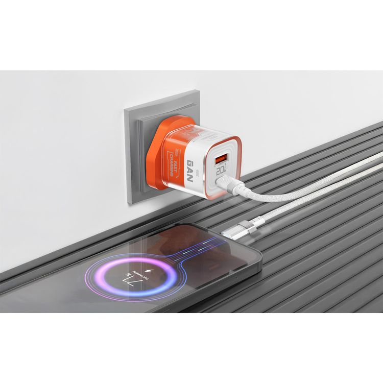 Porodo Crystal Shell GaN Wall Charger with 1.2m USB-C Cable Included, Simultaneous Charging, 20W Power Delivery, Overheat Protection, 18W USB-A Output - Orange