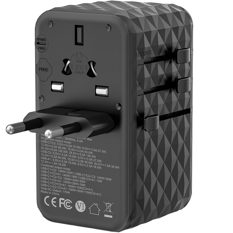 Powerology GaN 170W Universal Charger with 4 Fast Charging Ports & AC Sockets, 140W Power Delivery, Simultaneous Charging, 2500W Rated Power, Spare Fuse Included - Black