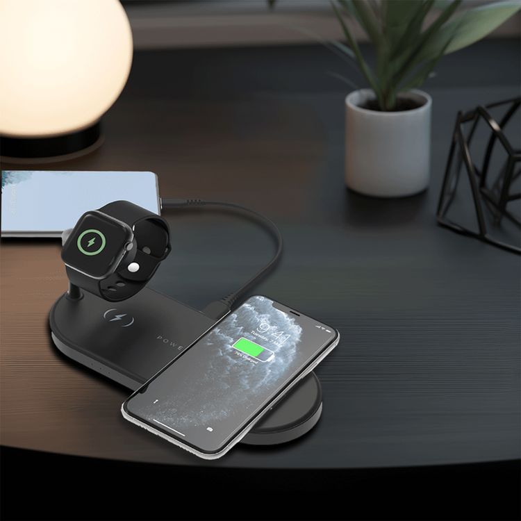 Powerology Portable 4-in-1 Fast Charging Power Dock with 49W Total Output, 60W UK 3-Pin Adapter Included, PowerDash 3.0, Apple Watch Series 1-5 Compatibility - Black