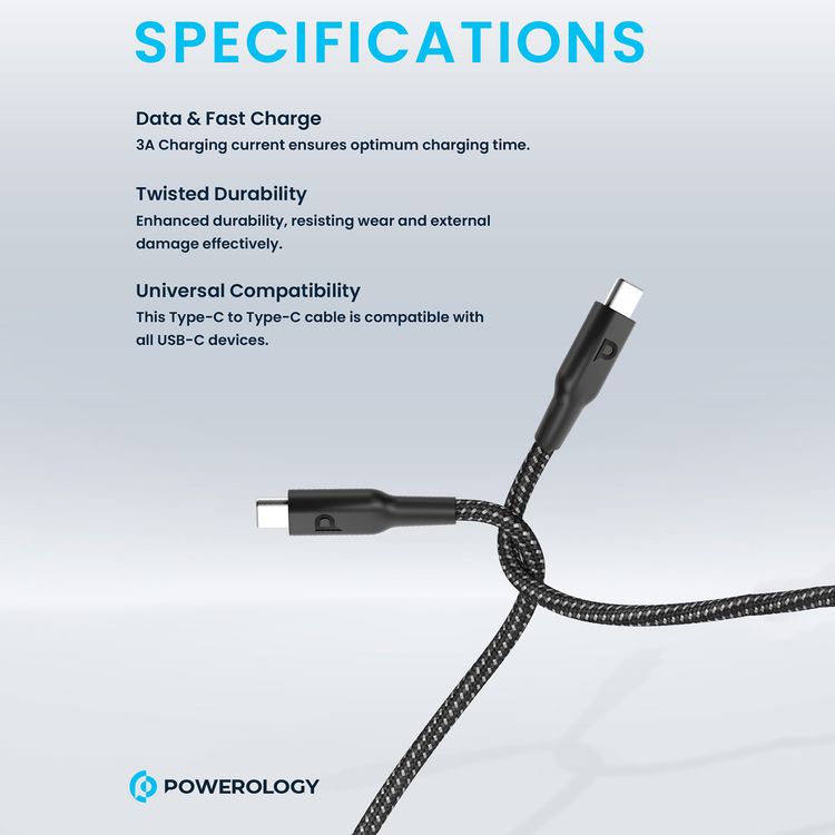 Powerology Braided USB-C to USB-C with 60W Power Delivery, 30cm Cable Length, Universal Compatibility, Fast Charge & Data Transfer - Black