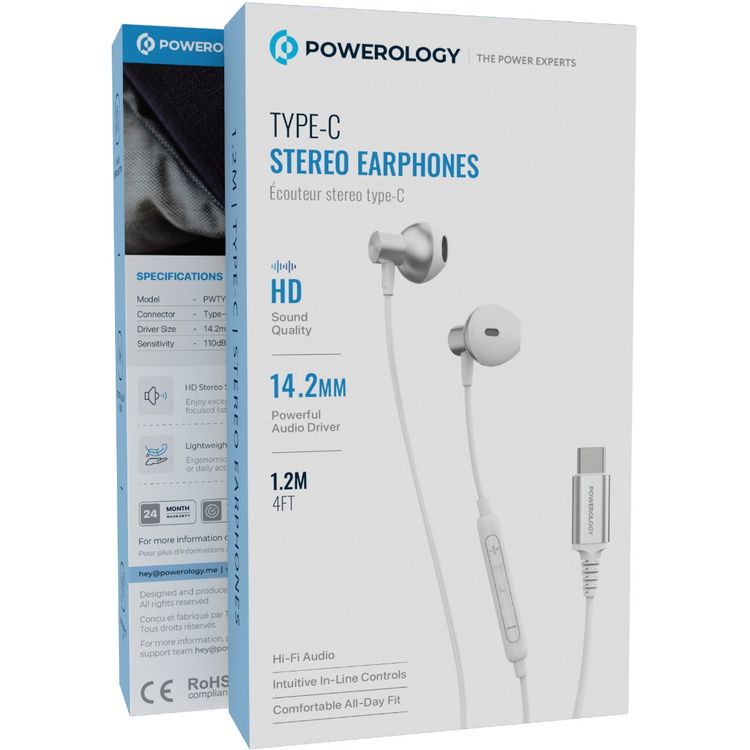 Powerology Stereo Earphones with Type-C Connection, HD Sound Quality, 5mW Max Power, 1.2m Cable Length, Button Control, Hi-Fi Audio, Crystal-Clear Audio, Lightweight & Comfortable Design - White