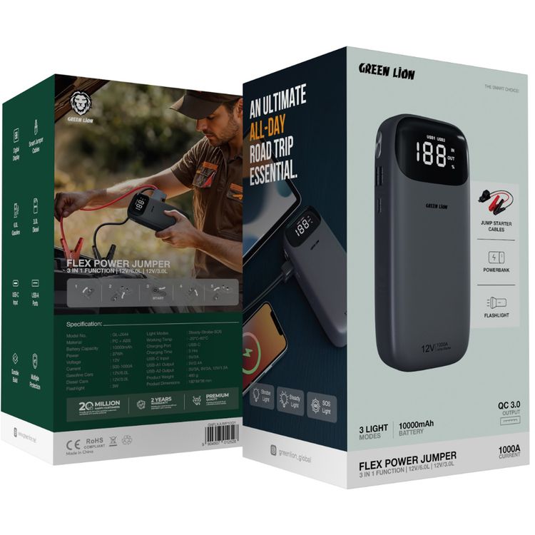 Green Lion Flex Power Jumper with Power Bank Function, Multiple Protection, Durable Build, Smart Jumper Cables Included, Digital Display, Flash Light, - Gray