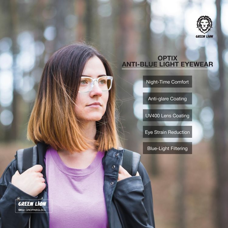 Green Lion Optix Anti-Blue Light Eyewear with Anti-Digital Eye Fatigue, 53mm Lens Width, Anti-Glare Coating, Night-Time Comfort, 19mm Bridge Width, UV400 Protection, 135mm Temple Width, Eye Strain Reduction - Clear