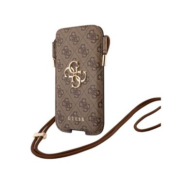 Guess 4G Script Crossbody Phone Pouch for iPhone 12 Pro Max ( 6.7" ) with Adjustable Neck Cord Lanyard Strap, Synthetic Leather Material - Brown