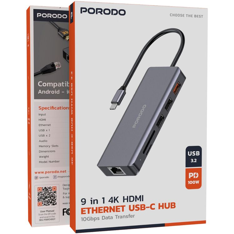 Porodo 9-in-1 USB-C Hub 4K HDMI Ethernet with 100W Power Delivery, 3.5mm Aux, USB-C Version 3.2, 10Gbps Data Transfer Speed, SD & Micro SD Memory Slot - Gray