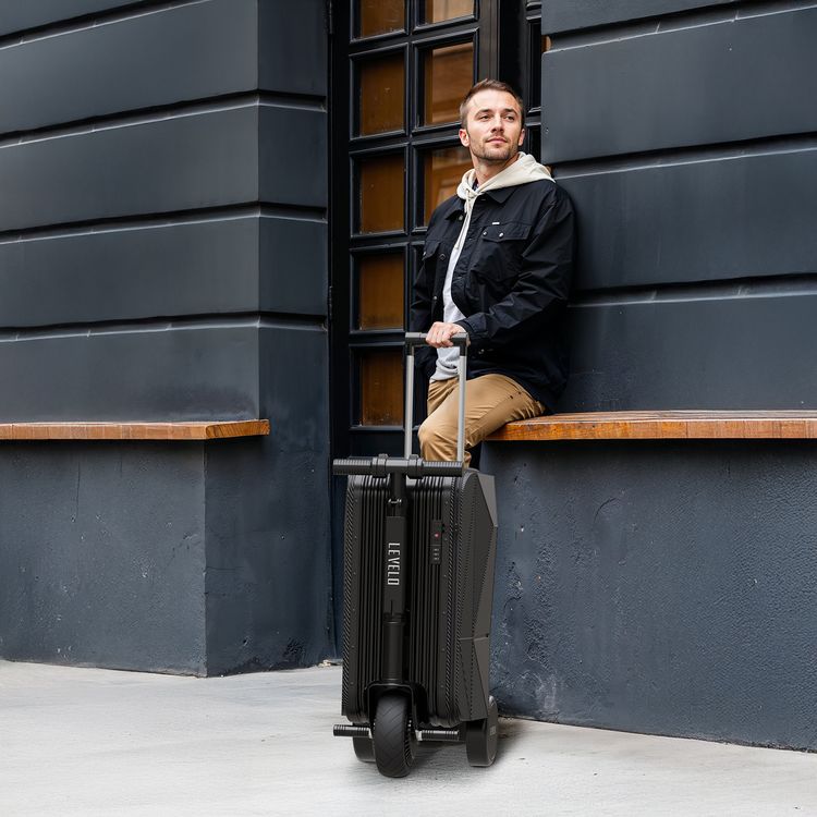 Levelo Spark-E Portable E-Scooter Luggage with Smooth-Rolling Wheels , Ultra-Light Carbon Fiber Construction, TSA Lock, Smart Telescopic Handle, Effortless Travel, Reverse gear, 250W Motor Power, 20L Luggage Capacity,  110kg Max User Weight - Black