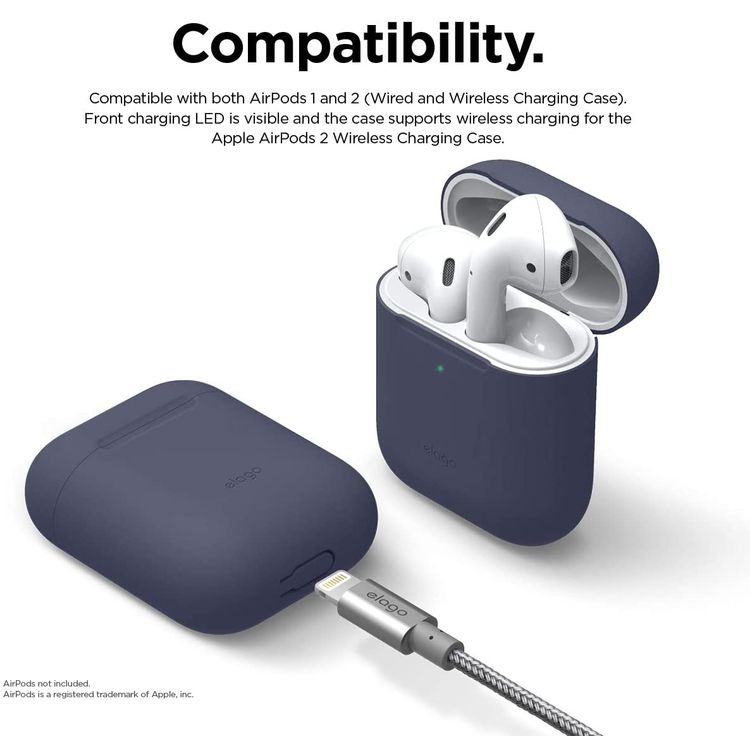 Elago Basic Skinny Case for Apple AirPods 1&2 Generation, Upgraded Premium Silicone, Front LED Visible, Dustproof Protective Cover, Compatibility With Wireless Chargers Jean Indigo