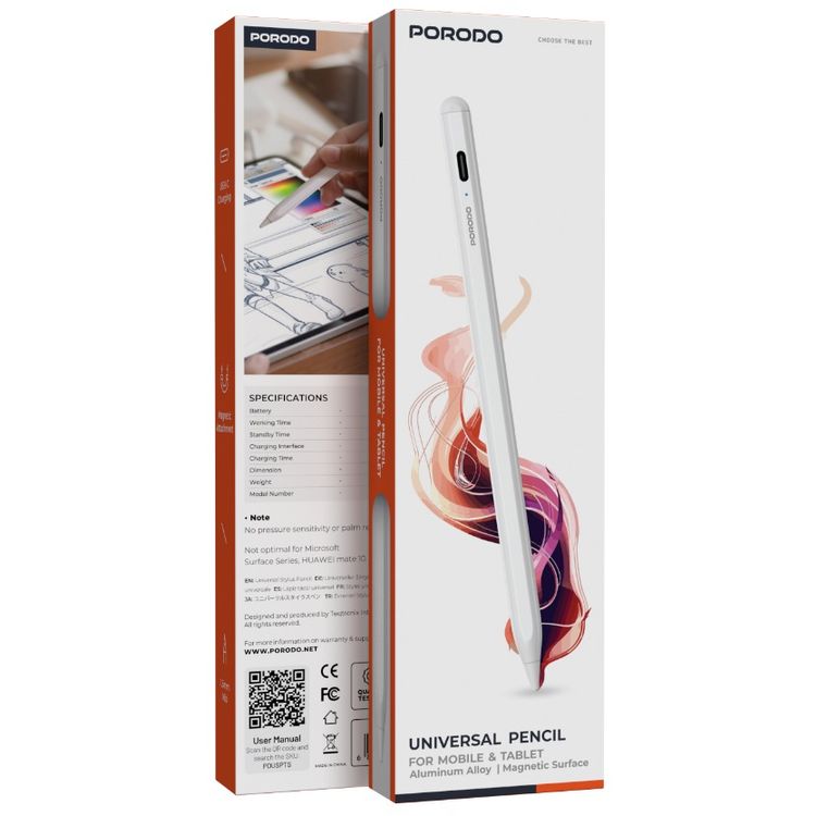 Porodo Universal Pencil For Mobile and Tablet with 1.5mm Tip, 30 Days Standby Time, 8 to 10 Hours Working Time, 1.5 Hours Charging Time, 140mAh Battery Capacity - White