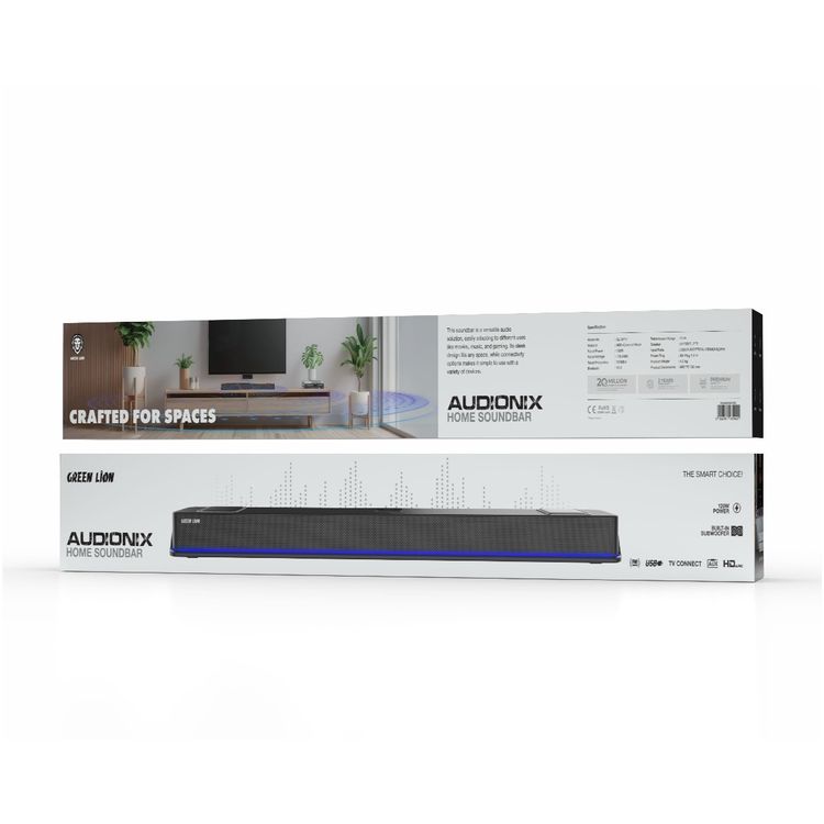Green Lion Audionix Home Soundbar with Ambient Lighting, 360° Audio, Remote Control, Low Distorion, 120W Rated Power, 10 m Transmission Range - Black 
