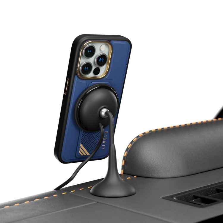 Levelo Morphix Cuero Gripstand Case for iPhone 15 Pro Max, Multi-Positioning Modes, PU Leather Material, Shock-Proof Edges - Blue