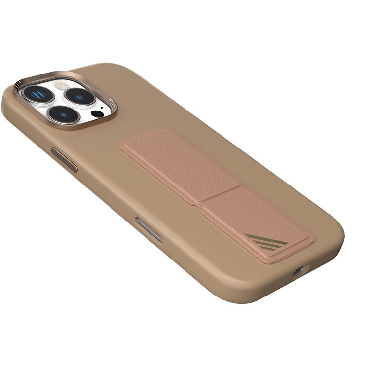 Levelo Morphix Silicone Case with Leather Grip for iPhone 16 Pro Max, Metal Camera Ring, Multi-Functional Kickstand, Impact-Resistant Corners, Super Durable Materials - Rose Gold Titanium