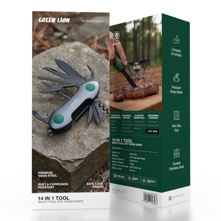 سكين سلسلة مفاتيح متعدد الأدوات 14 في 1 من Green Lion مع مادة من الفولاذ المقاوم للصدأ المتين، شفرة حادة دقيقة، مقاوم للصدأ والتآكل، تصميم أمان بالقفل، قبضة غير قابلة للانزلاق - أسود
