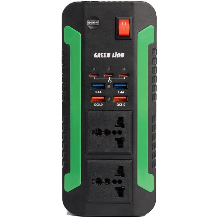 محول طاقة Green Lion Spark 300، 2 مقبس تيار متردد، 3 منافذ PD من النوع C، 4 منافذ USB-A، طاقة قصوى 300 وات، حماية من الجهد العالي - أسود