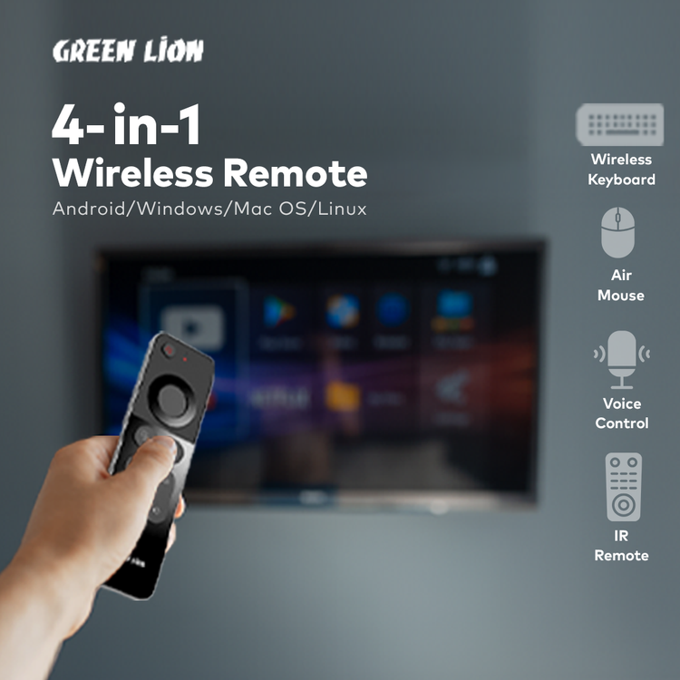 Green Lion 4-in-1 Wireless Remote With Wireless Keyboard, Air Mouse, IR Remote, Voice Control, 250mAh Battery, ABS Material, IR & 2.4GHz RF Connectivity, 58 Keys, 8-12m Control Range, Type-C Charging Port, 1.5 Hours Charging Time, 20 Days Working Time - Black