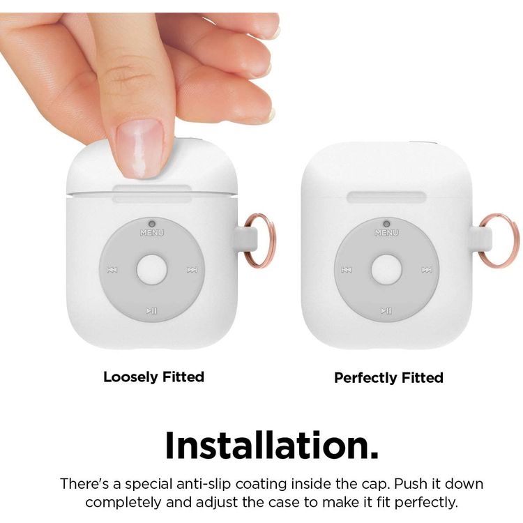 Elago AW6 Hang Case Designed with Anti-Lost Carabiner Compatible for Apple AirPods  1 & 2 Generation, Classic Music Player Design, Supports Wireless Charging, Scratch Resistant