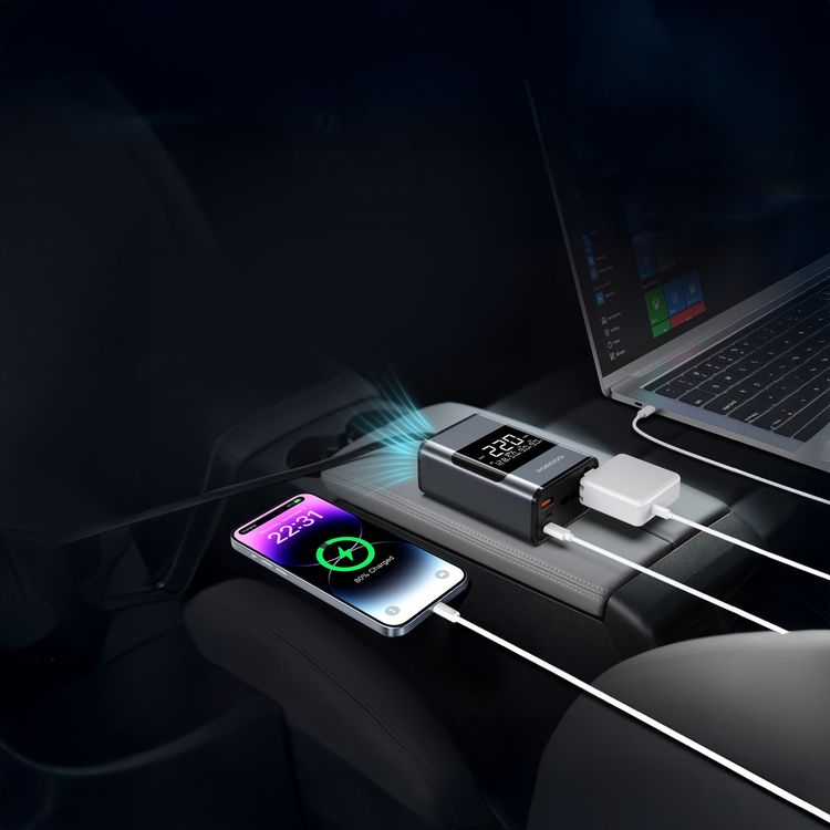 Porodo Universal AC Car Power Inverter with Voltage Monitor, 200W Output Power, AC Socket, USB-A & Dual USB-C Output Ports, PD 36W Max USB-C Output, 24W Max USB-A Output, 70cm Cable Length, Safety Power Switch, Smart Cooling Fan - Gray