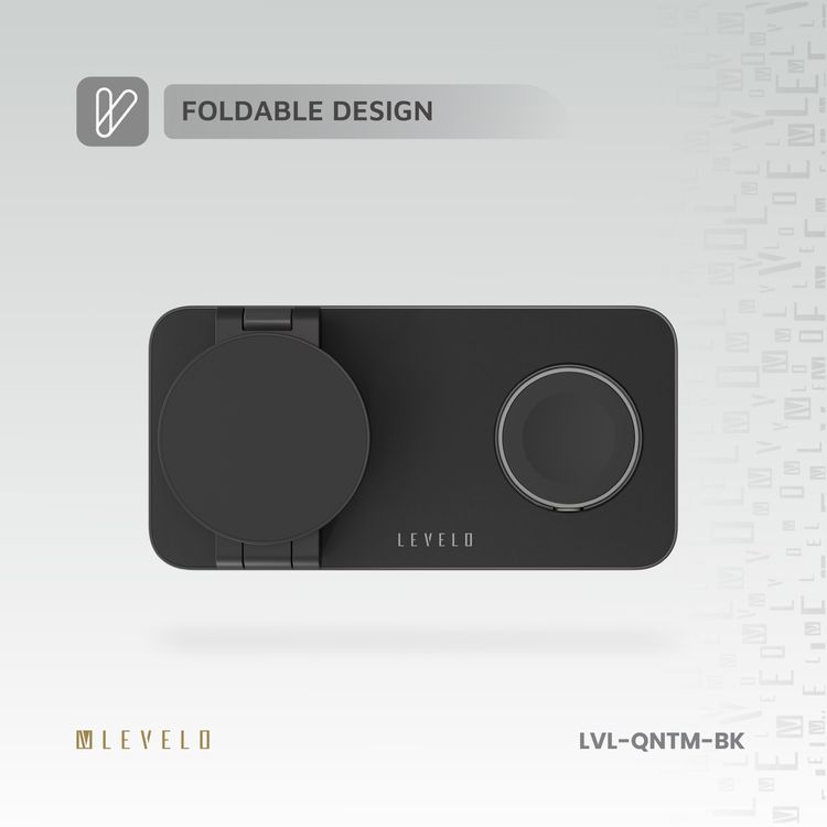 Levelo Quantum 3-in-1 Wireless Charger with 15W Phone Output, 5W AirPods Output, 3W iWatch Output, Strong N52 Magnet, LED Indicator, Compatible with MagSafe, Over Temperature Protection, Simultaneous Charging, Over Voltage Protection, Fast Charging, Foldable Design - Black