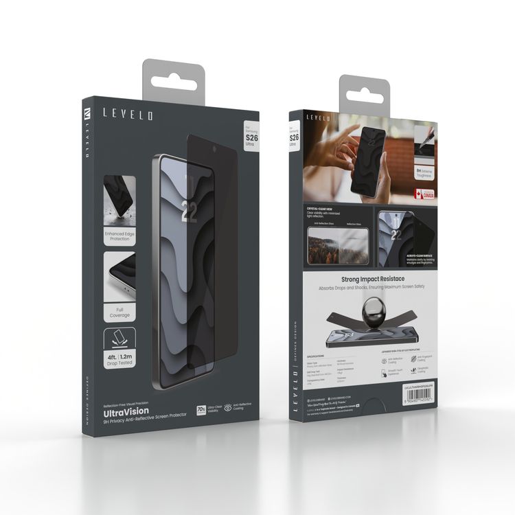 Levelo UltraVision Privacy Screen Protector for Samsung S26 Ultra, Anti-Fingerprint Coating, 9H Hardness, Anti-Reflective Coating, 0.25mm Thickness, Oleophobic Coating - Black