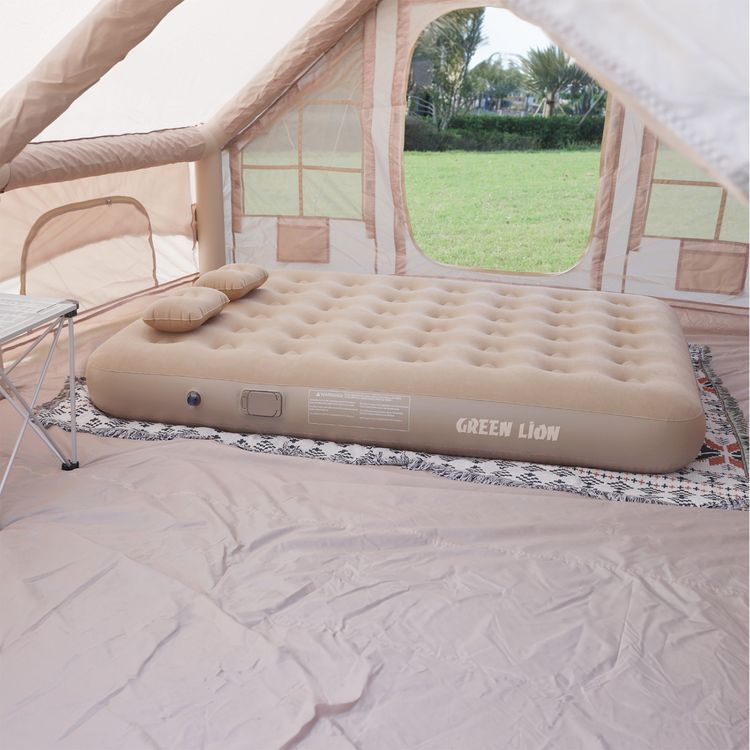 Green Lion GMT-200 Automatic Inflatable Mattress with Built-in Pump, 300kg Load Capacity, Skin Friendly Fabric, Easy to Keep, Two Pillows Included, 40W Power - Beige