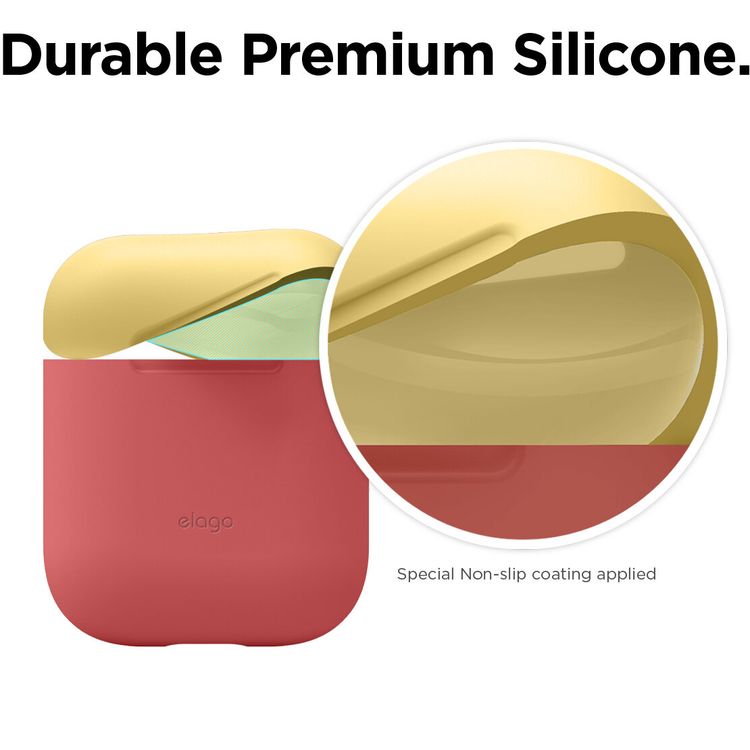إيلاجو جراب مزدوج سيليكون متوافق مع جراب ابل ايربودز 1 و 2 ، يدعم الشحن اللاسلكي ، مقاوم للخدش ، مقاوم للسقوط ، غطاء واقٍ ممتص للأتربة ، الجسم - وردي إيطالي / أزرق مرجاني علوي ، أصفر