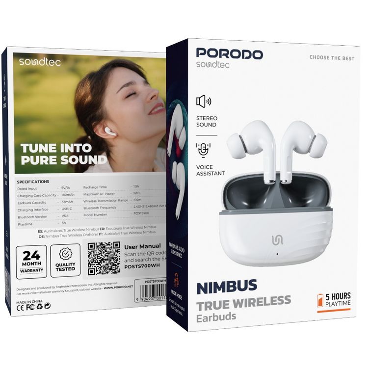 Porodo Nimbus True Wireless Earbuds with Stereo Sound, Voice Assistant, Touch Control, 5 Hours Play Time, 1.5 Hours Charging Time, Type-C Charging Interface, 180mAh Battery Case Capacity, Bluetooth Version 5.4 - White