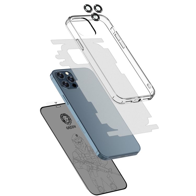 حزمة حماية الخصوصية 4 في 1 بزاوية 360 درجة باللون الأخضر لهاتف iPhone 12 / 12 Pro (6.1 بوصة) - أسود