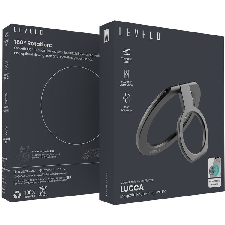 Levelo Lucca Magsafe Phone Ring Holder, Metal, MagSafe Compatible, 180° Foldable Angle - Matte Black