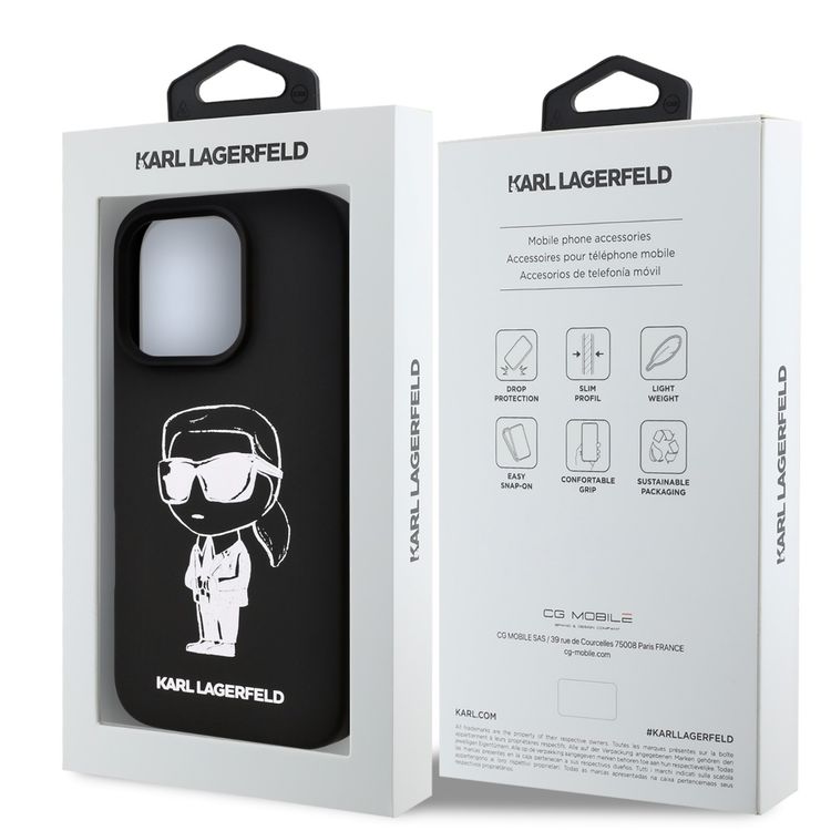 Karl Lagerfeld TPU Silicone Hard Case with ikonik Graffiti Logo for iPhone 16 Pro, Durable Material, Comfortable and Secure Grip, Lightweight and Slim - Black