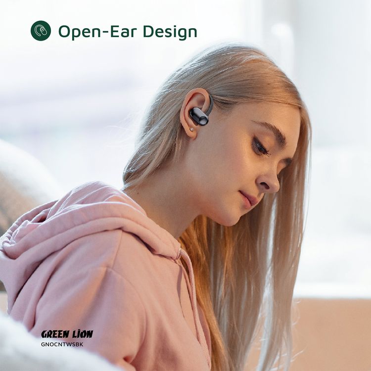Green Lion Ocean Open-Ear Earbuds with Open-Ear Design, Up to 6 Hours Playtime, 135° Free Rotation, Game Mode, Low Latency, 180 Hours Standby Time, IPX4 Waterproof - Black