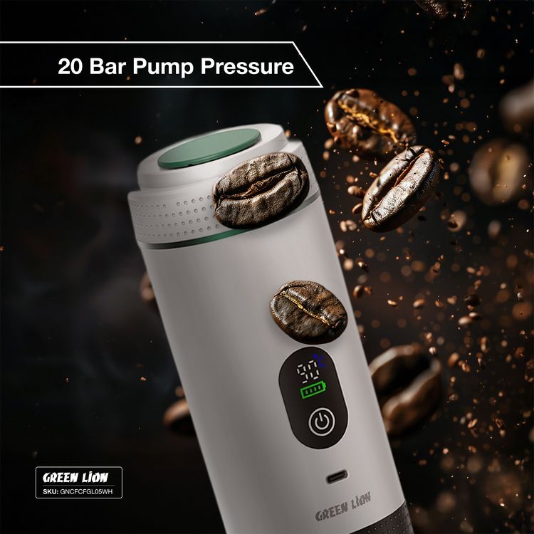 صانع القهوة جرين ليون CAFFEX بقدرة 72 واط، خزان ماء بسعة 80 مل، استخلاص ساخن بدرجة حرارة 90°C، استخلاص سريع في 70 ثانية، شحن من نوع Type-C، سعة بطارية 7500 مللي أمبير - اللون أبيض