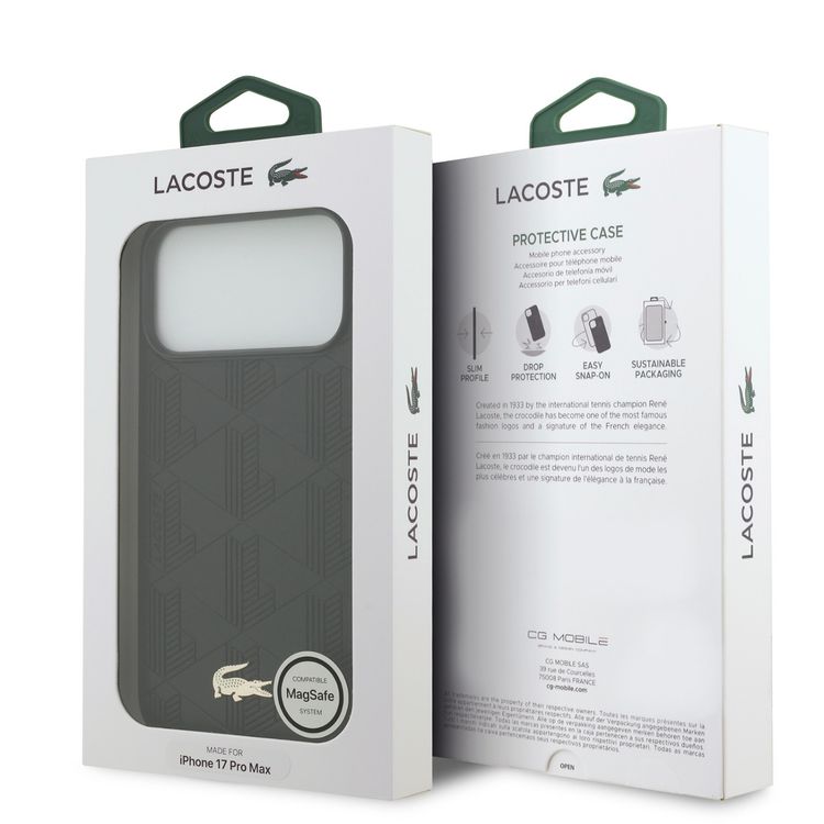 حافظة لاكوست مغسيف للجلد الصناعي مع مونوجرام وشعار ذهبي لجهاز آيفون 17 برو، حماية من السقوط، تغليف مستدام، تصميم سهل التركيب، ملف نحيف - أسود