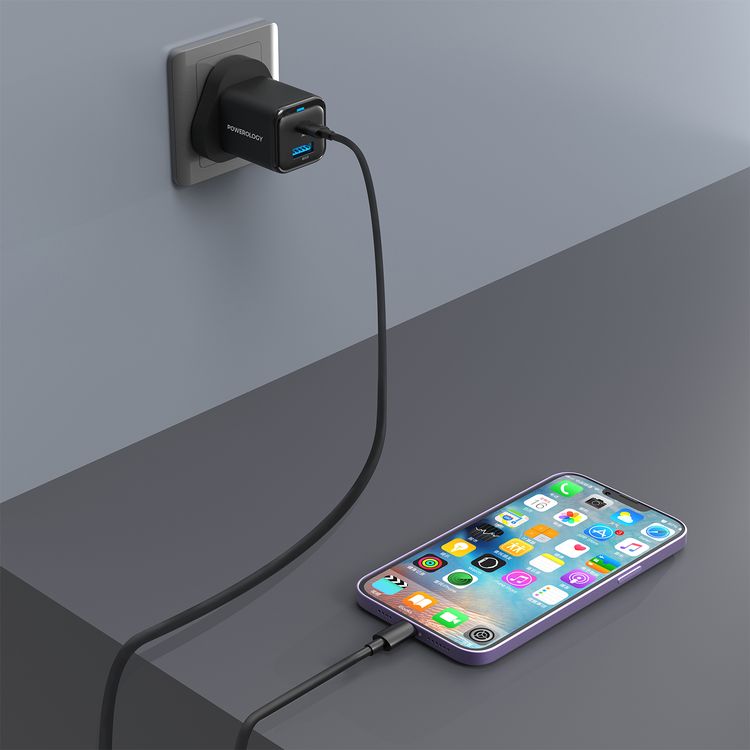 Powerology Super Compact Quick Charger with USB-C To Lightning Braided Cable, 35W Power Delivery, Simultaneous Fast Charging, Lightweight & Portable - Black