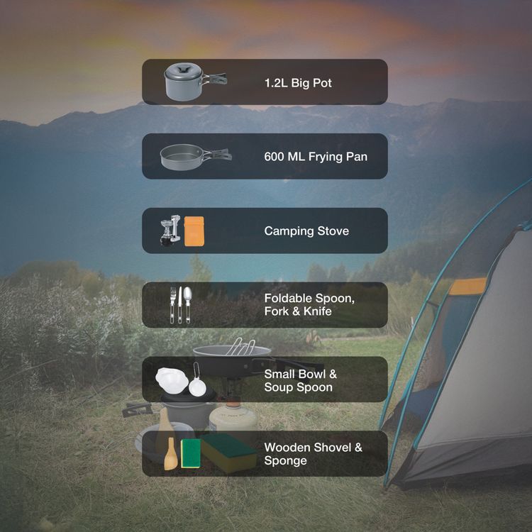 Green Lion 10-in-1 Camping Cookware with Camping Stove, Foldable Soup Spoon, Wooden Shovel, Small Bowl, Foldable Knife, Heat-Resistant Handles - Black