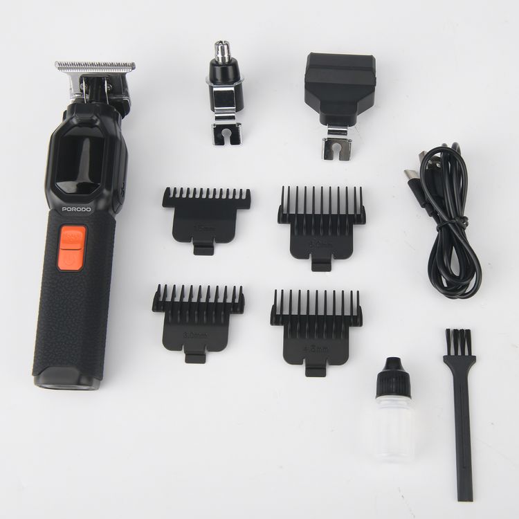 Porodo Multi-Purpose Trio Grooming Kit with Hair Clipper & Beard Shaver, 5W Rated Power, 200 Minutes Working Time, 4 Combs, 2000mAh Battery Capacity, LED Digital Display, 7000RPM Motor Speed, USB-C Charging - Black